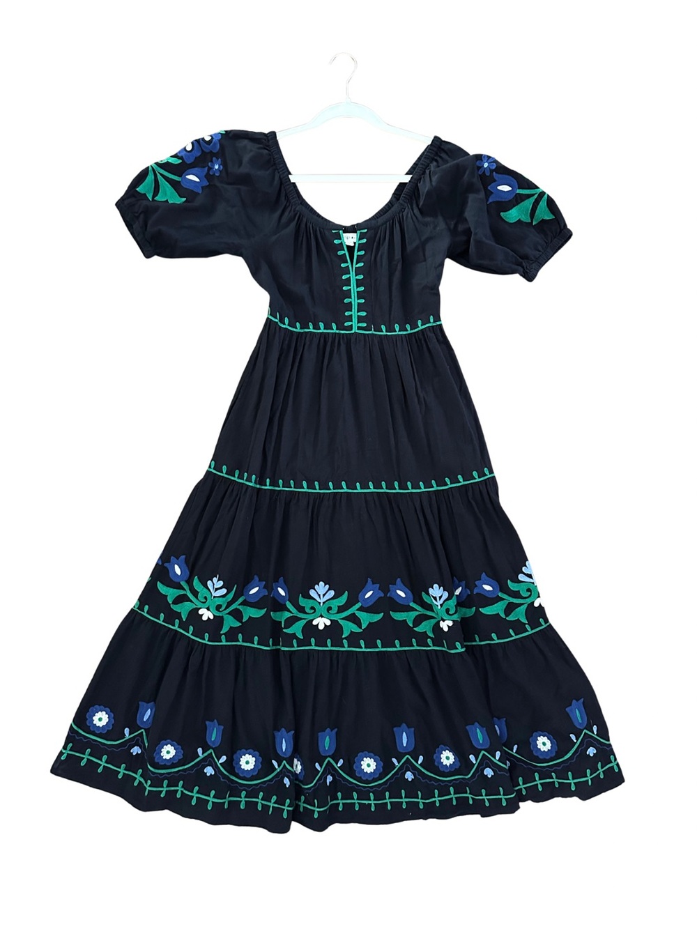 Roller Rabbit Black Embroidered Tiered Peasant Midi Dress  XS